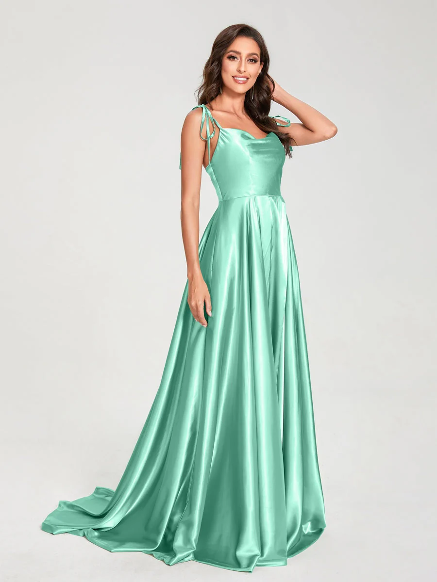 A-Line/Princess Spaghetti Straps Sleeveless Floor-Length Bridemaid Dresses with Split Side - Image 48