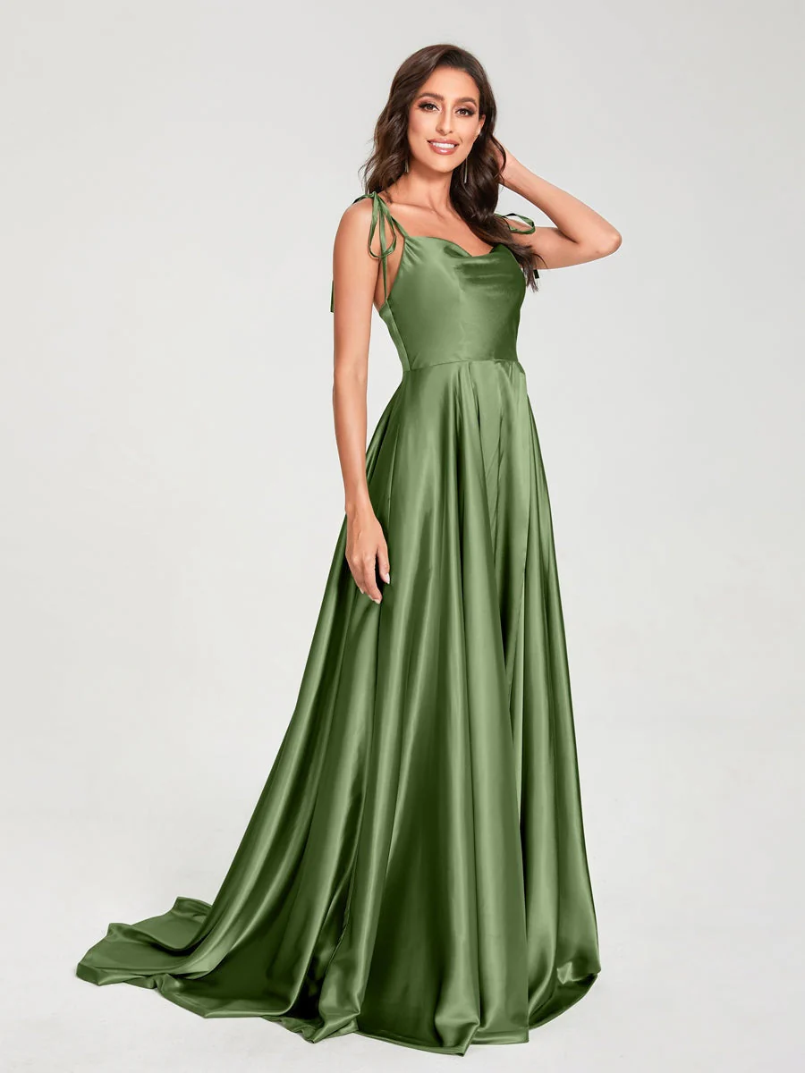 A-Line/Princess Spaghetti Straps Sleeveless Floor-Length Bridemaid Dresses with Split Side - Image 50