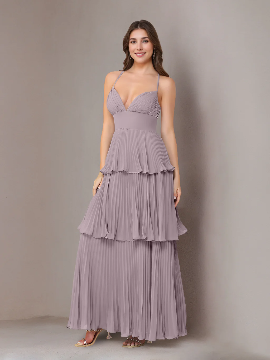 A-Line/Princess Spaghetti Straps Sleeveless Floor-Length Chiffon Bridesmaid Dresses with Pleated - Image 17
