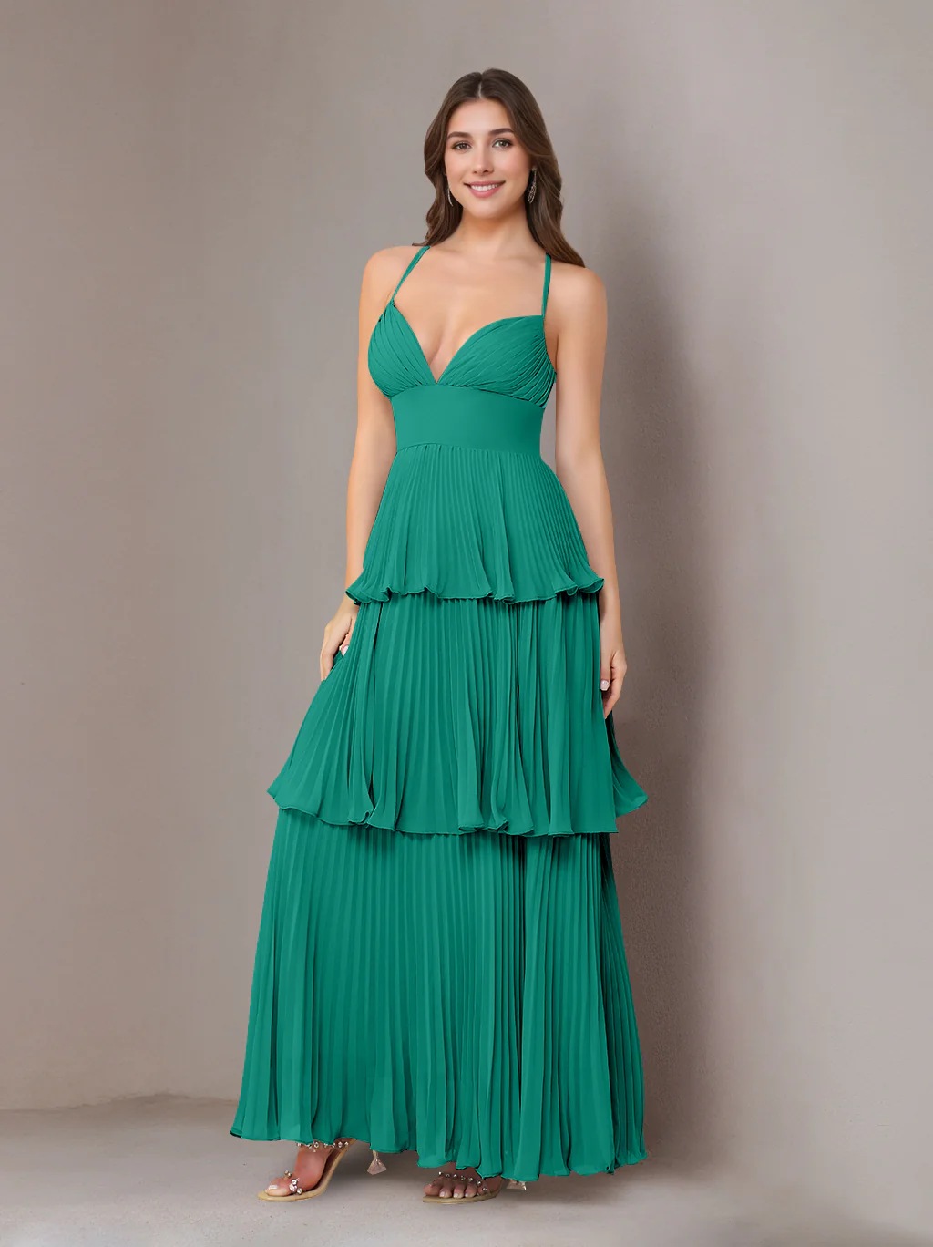 A-Line/Princess Spaghetti Straps Sleeveless Floor-Length Chiffon Bridesmaid Dresses with Pleated - Image 27