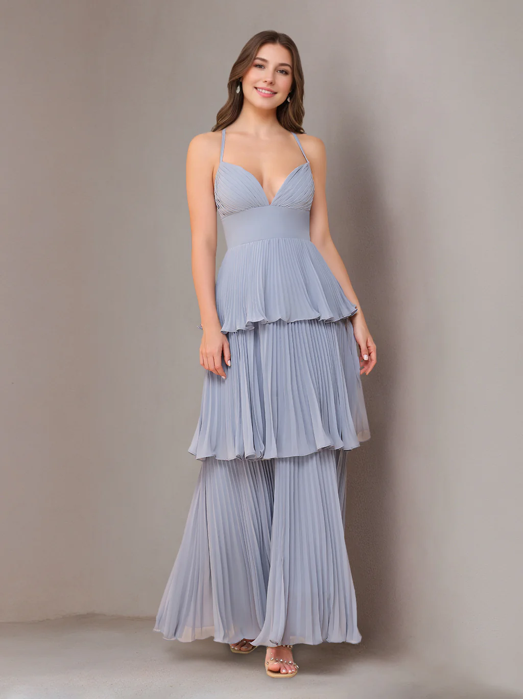 A-Line/Princess Spaghetti Straps Sleeveless Floor-Length Chiffon Bridesmaid Dresses with Pleated - Image 3