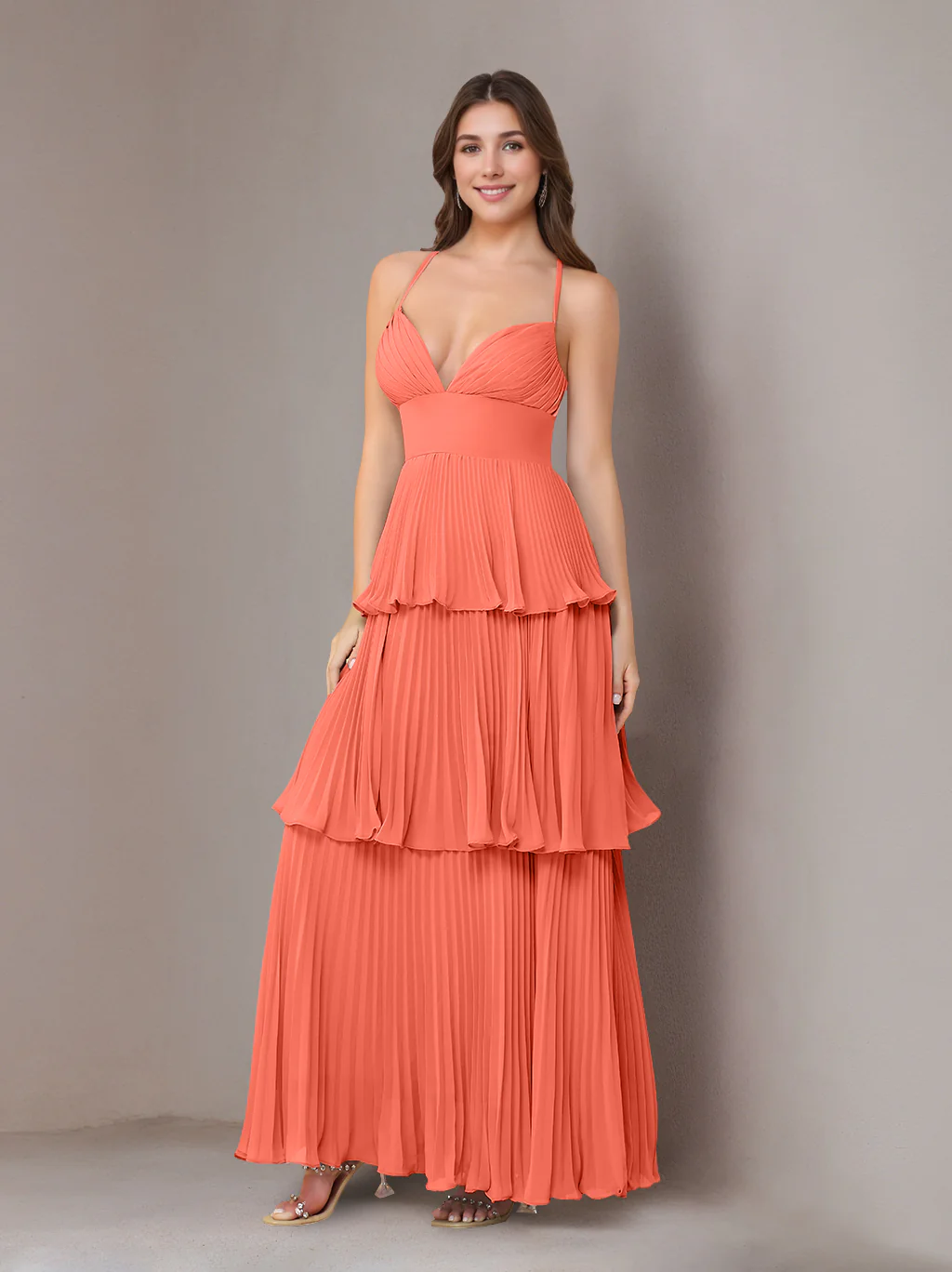 A-Line/Princess Spaghetti Straps Sleeveless Floor-Length Chiffon Bridesmaid Dresses with Pleated - Image 37