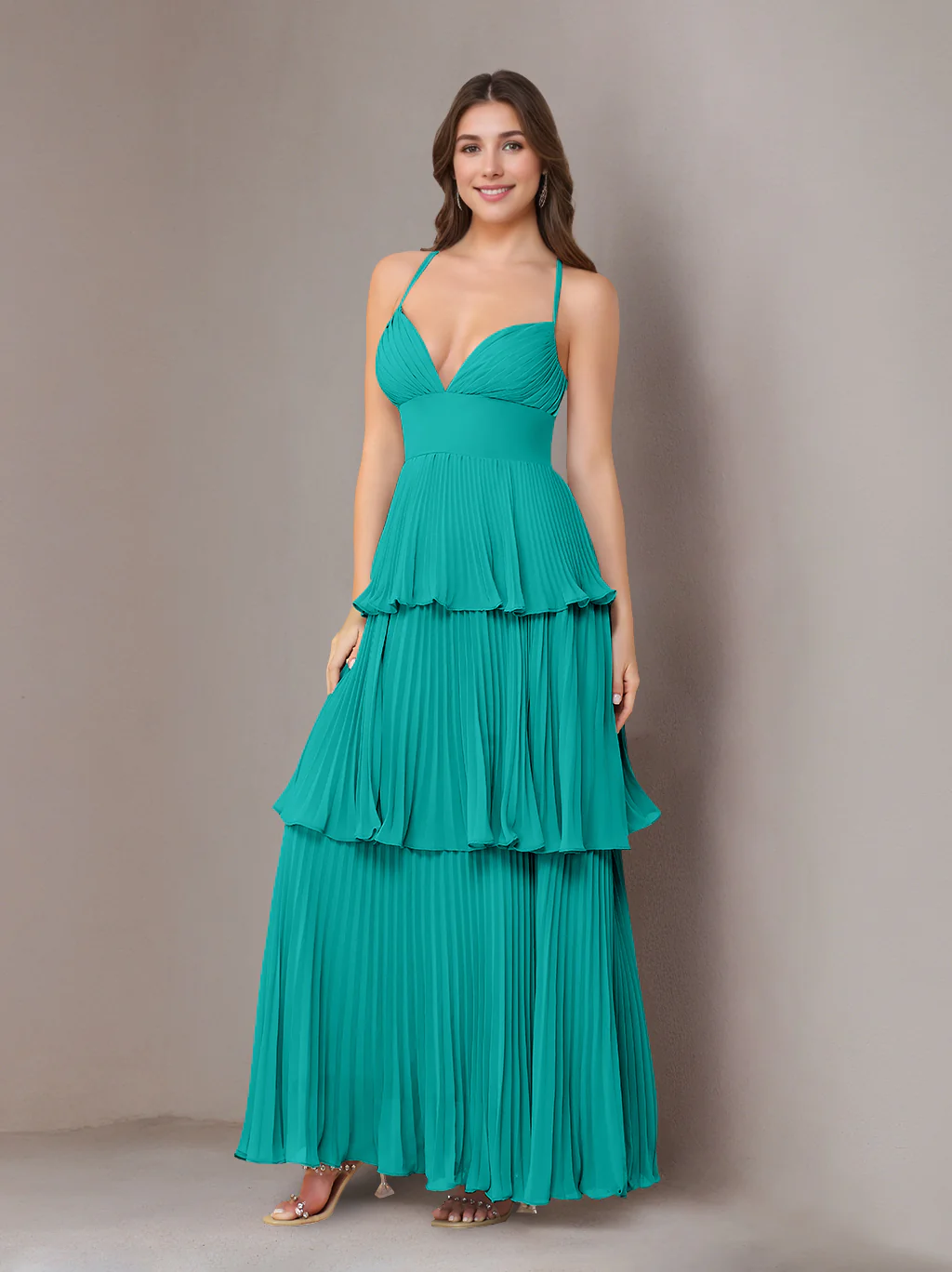 A-Line/Princess Spaghetti Straps Sleeveless Floor-Length Chiffon Bridesmaid Dresses with Pleated - Image 41