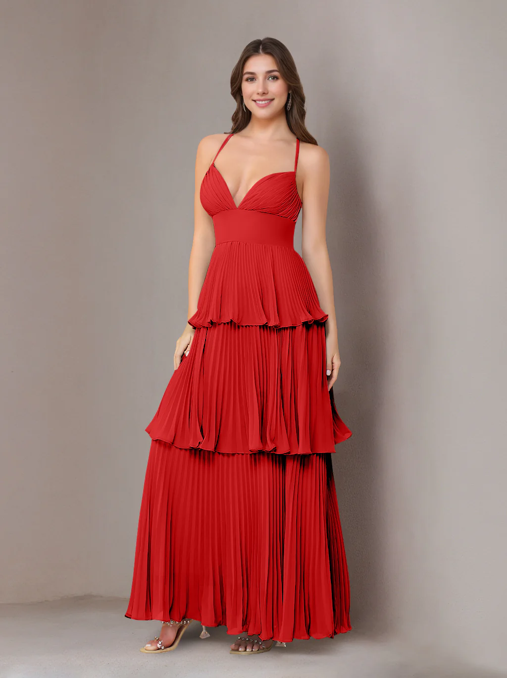 A-Line/Princess Spaghetti Straps Sleeveless Floor-Length Chiffon Bridesmaid Dresses with Pleated - Image 42