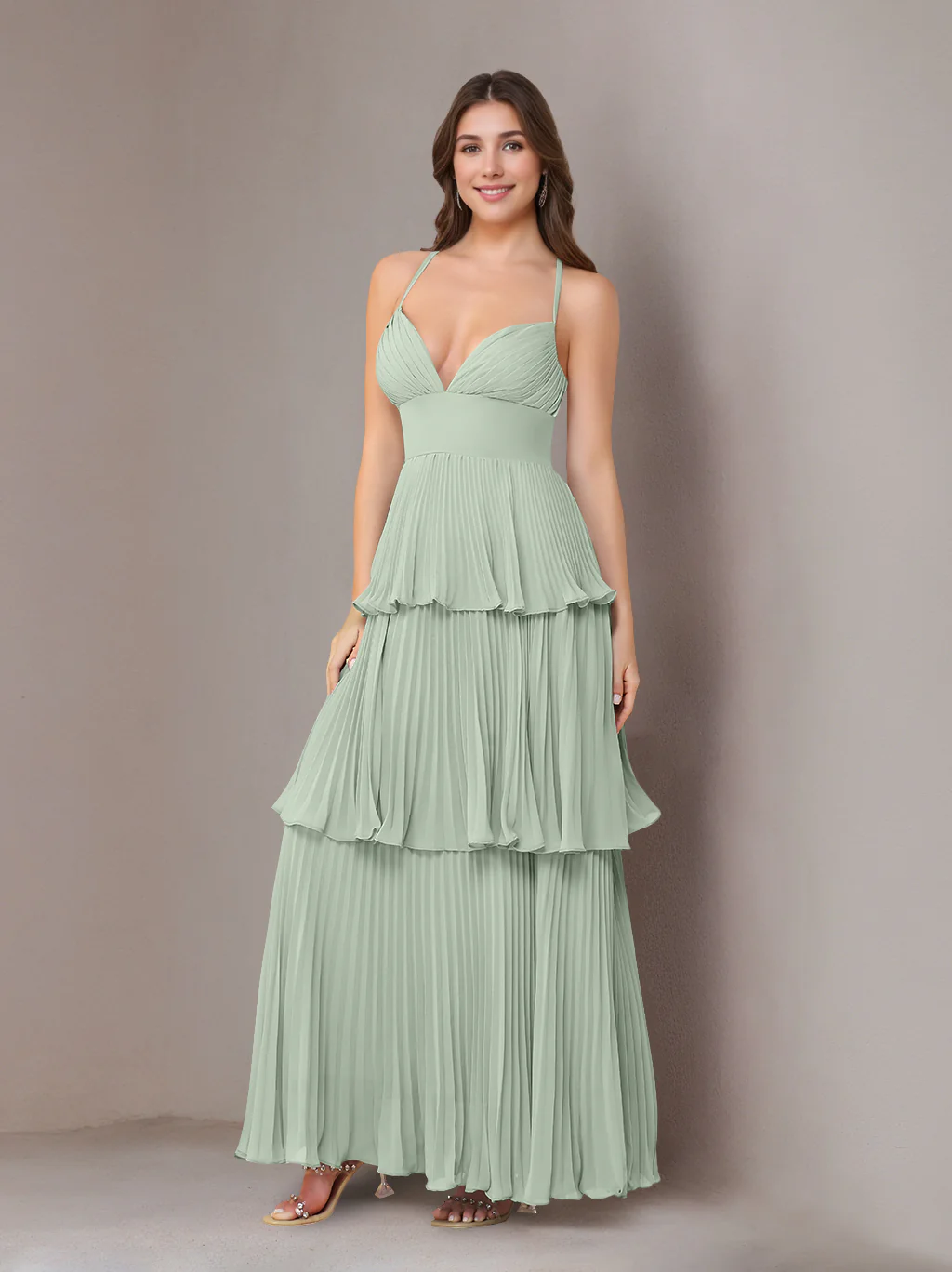 A-Line/Princess Spaghetti Straps Sleeveless Floor-Length Chiffon Bridesmaid Dresses with Pleated - Image 45