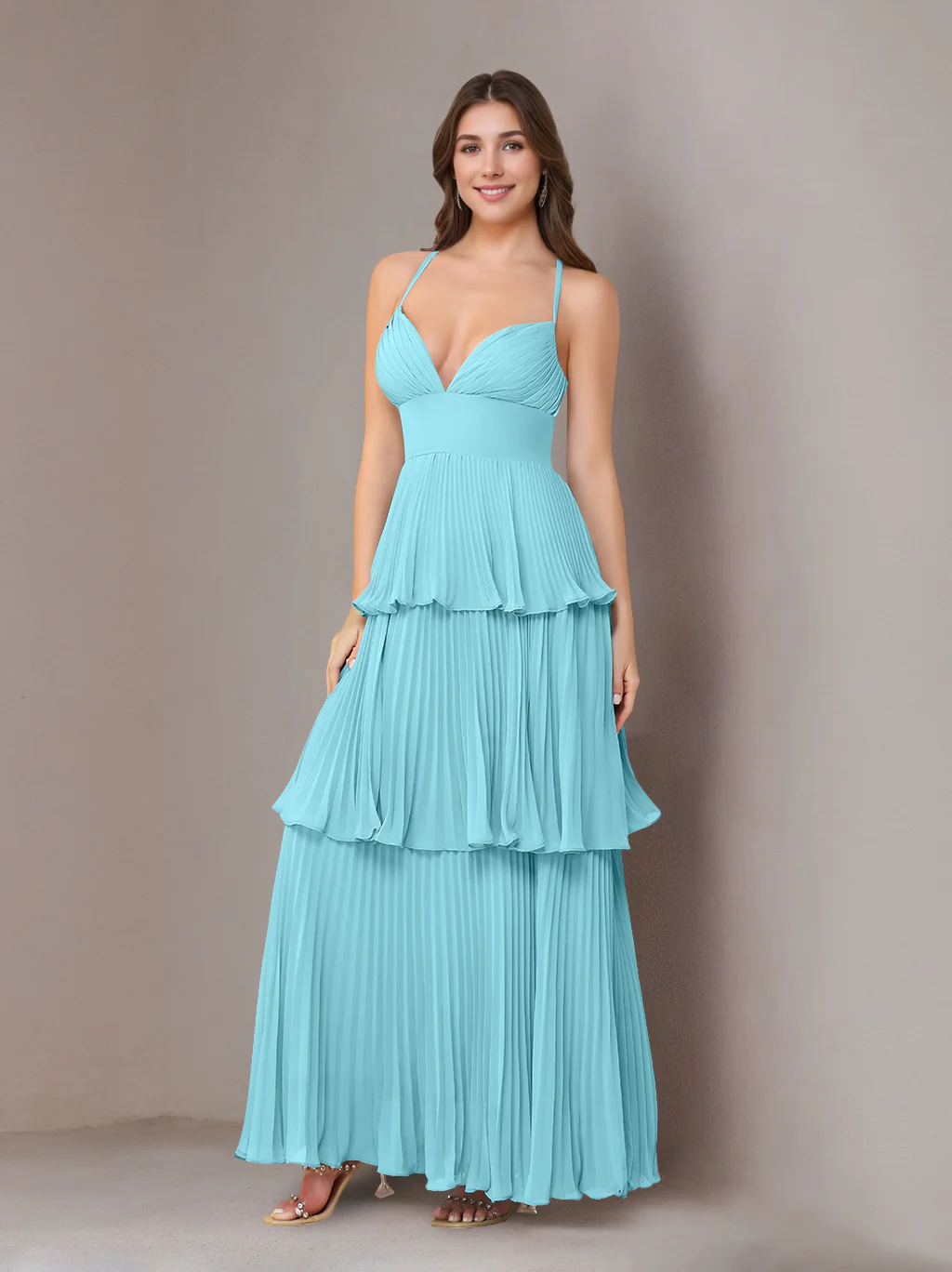 A-Line/Princess Spaghetti Straps Sleeveless Floor-Length Chiffon Bridesmaid Dresses with Pleated - Image 5