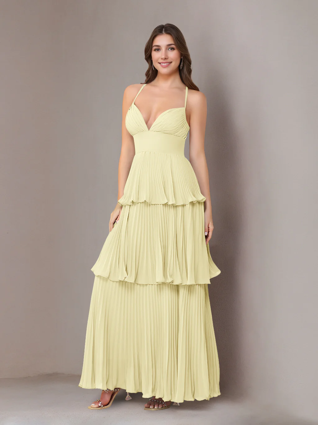 A-Line/Princess Spaghetti Straps Sleeveless Floor-Length Chiffon Bridesmaid Dresses with Pleated - Image 56