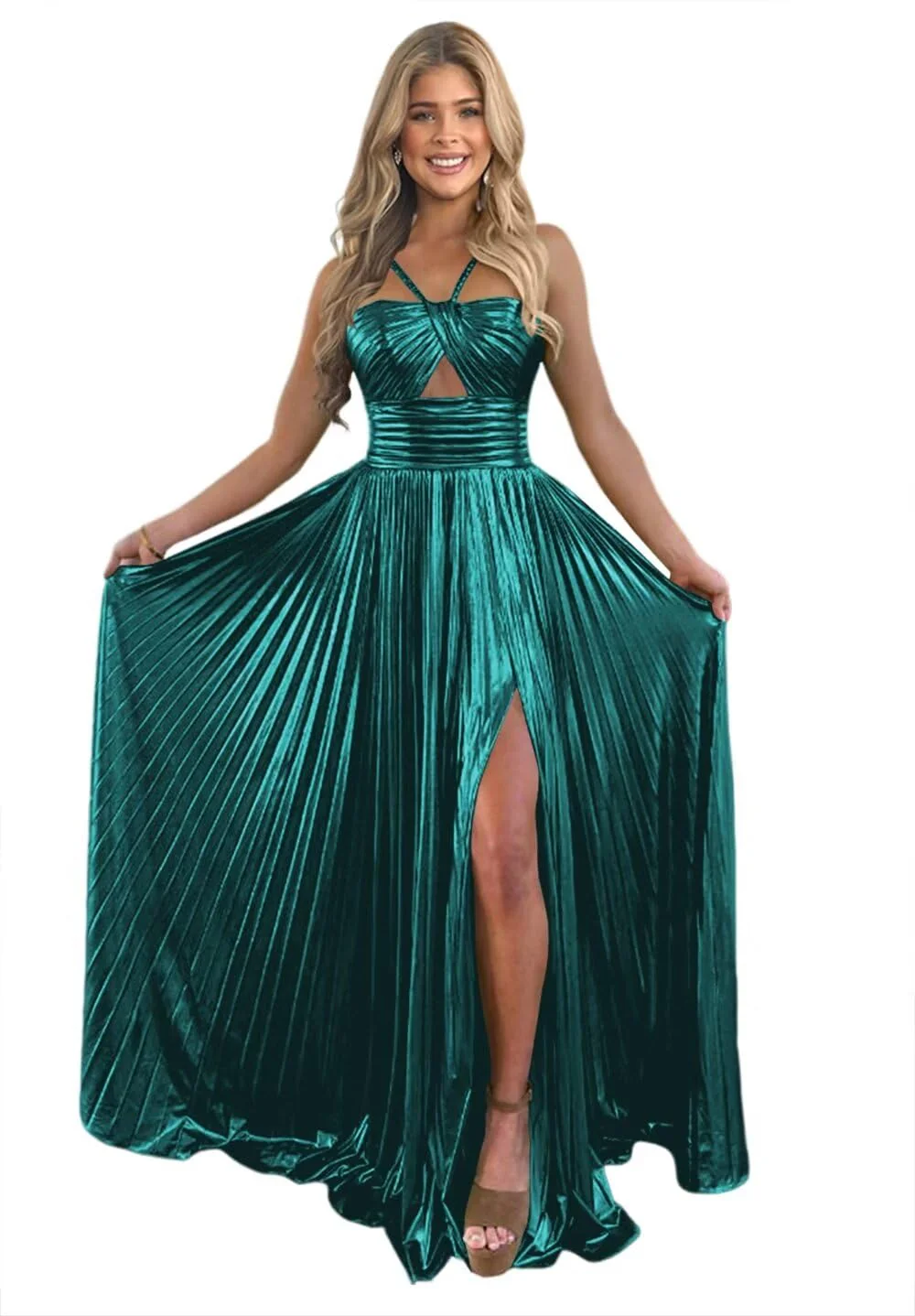 A-Line/Princess Spaghetti Straps Sleeveless Floor-length Long Formal Evening Dresses with Split Side - Image 23