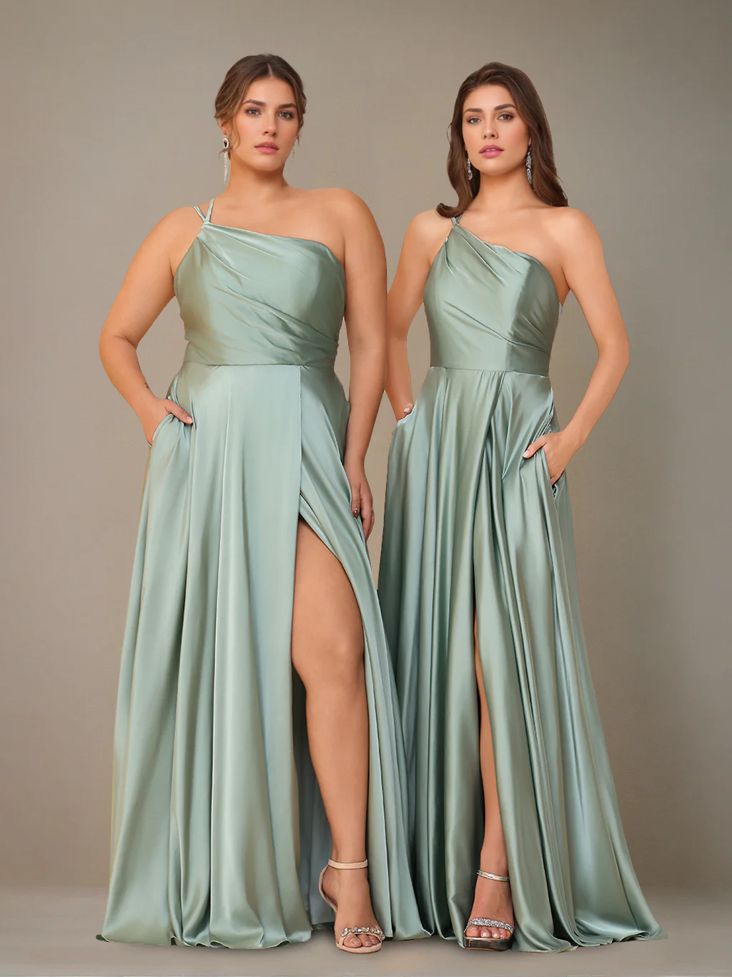 A-Line/Princess Spaghetti Straps Sleeveless Floor-Length Silk Satin Long Bridesmaid Dresses with Ruched & Split Side - Image 4
