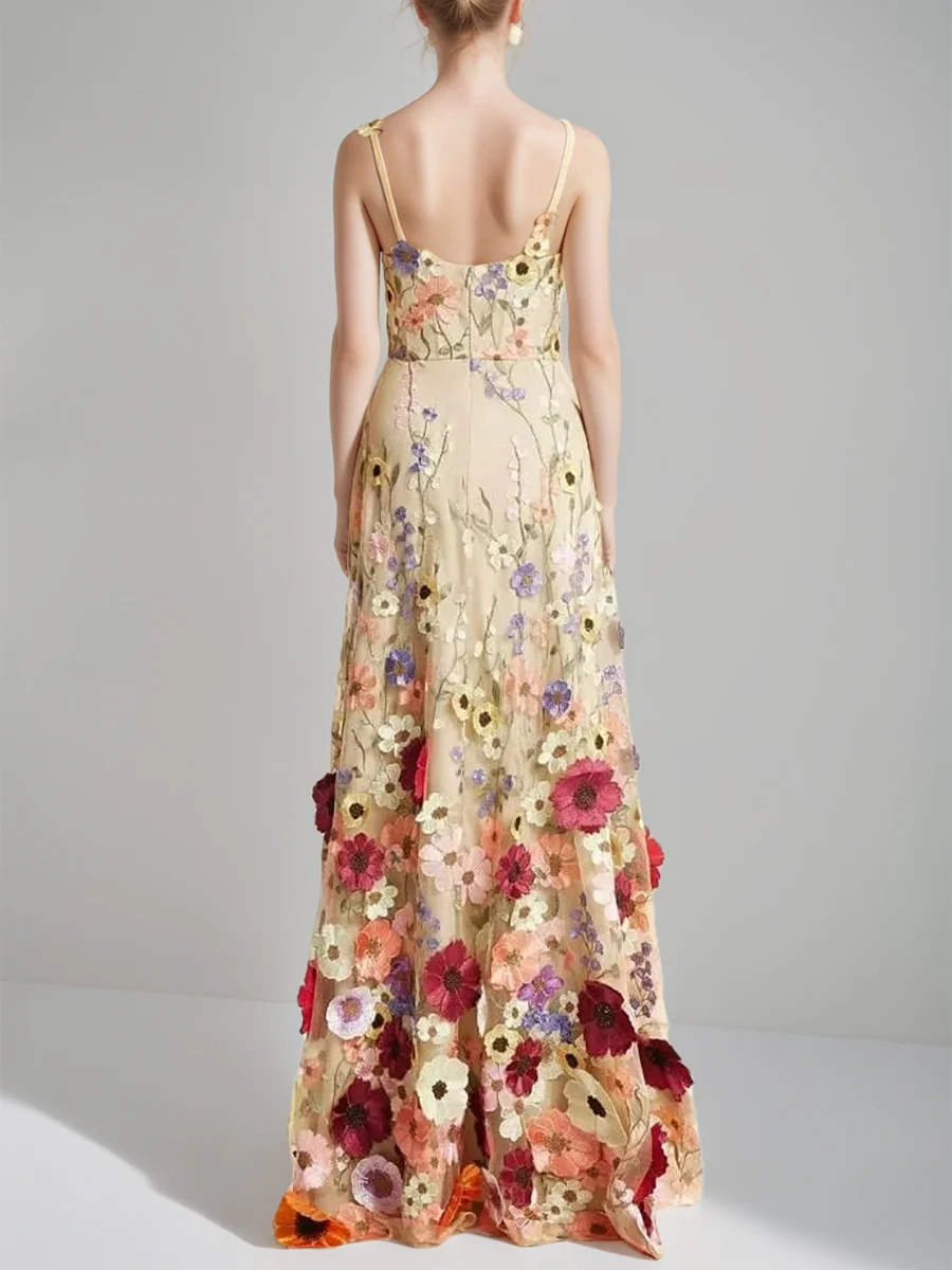A-Line/Princess Spaghetti Straps Sleeveless Floor-Length Stylish Evening Dresses with Printed Flower - Image 2