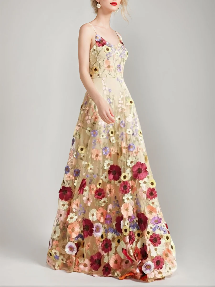 A-Line/Princess Spaghetti Straps Sleeveless Floor-Length Stylish Evening Dresses with Printed Flower - Image 3