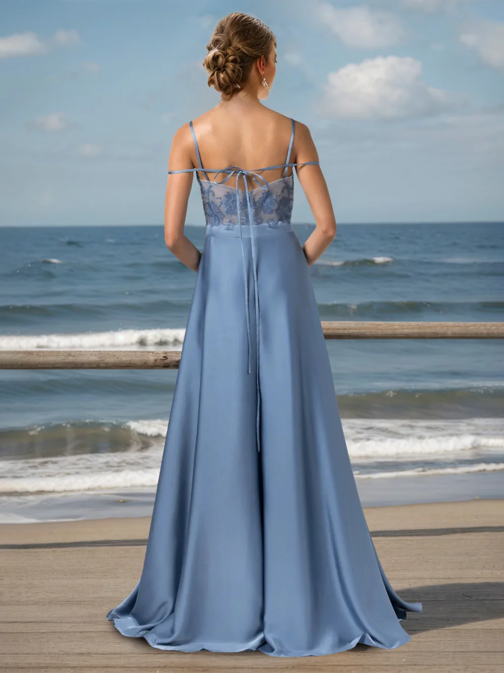 A-Line/Princess Spaghetti Straps Sleeveless Floor-Length Unique Bridesmaid Dresses with Split Side, Lace & Appliques - Image 2