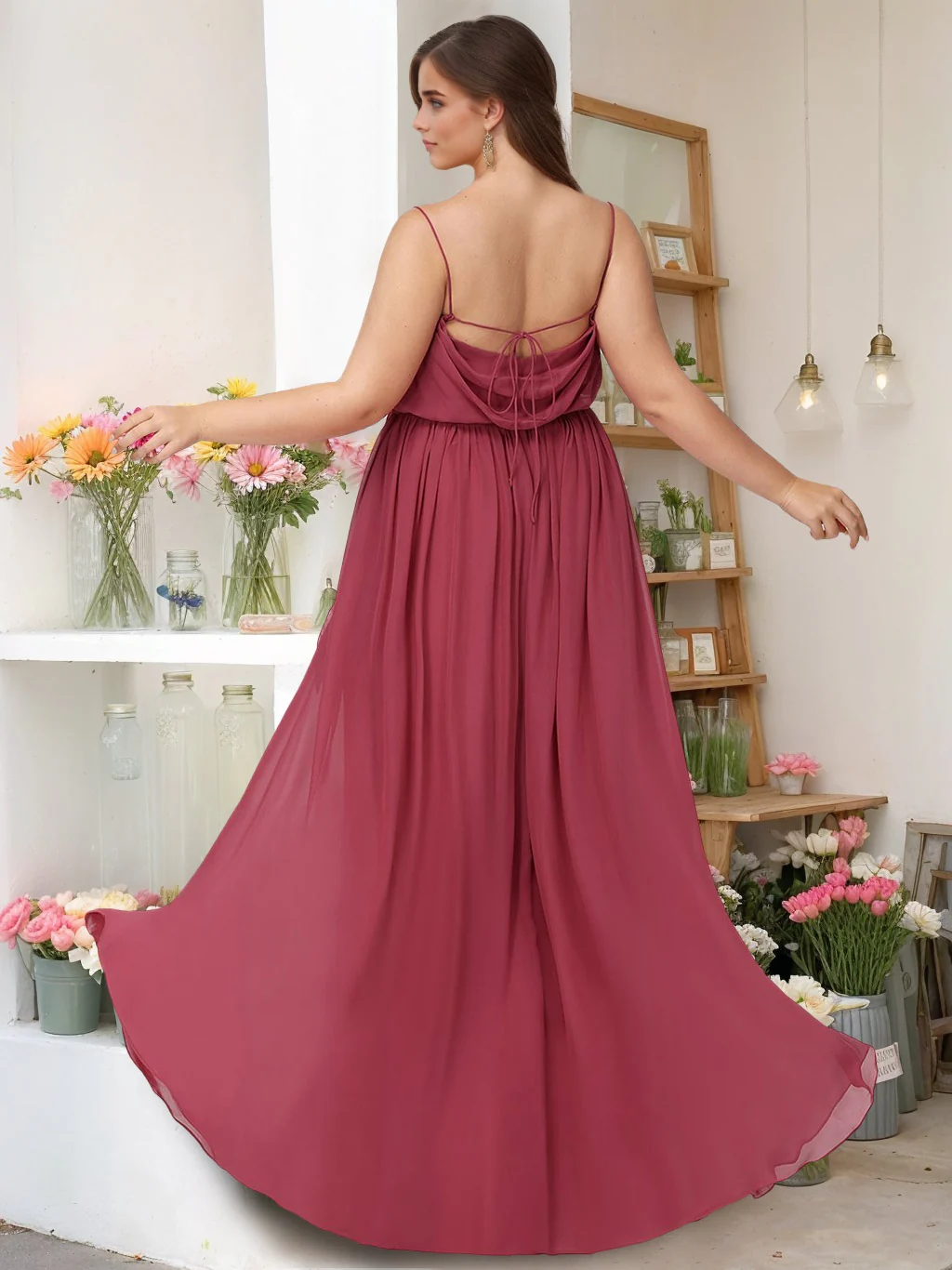 A-Line/Princess Spaghetti Straps Sleeveless Floor-Length Unique Plus Size Bridesmaid Dresses with Split Side - Image 2
