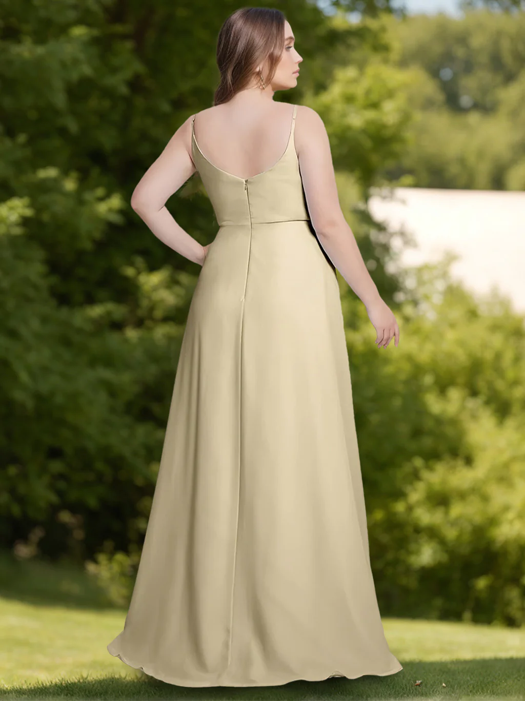 A-Line/Princess Spaghetti Straps Sleeveless Floor-Length Unique Plus Size Bridesmaid Dresses with Split Side - Image 2