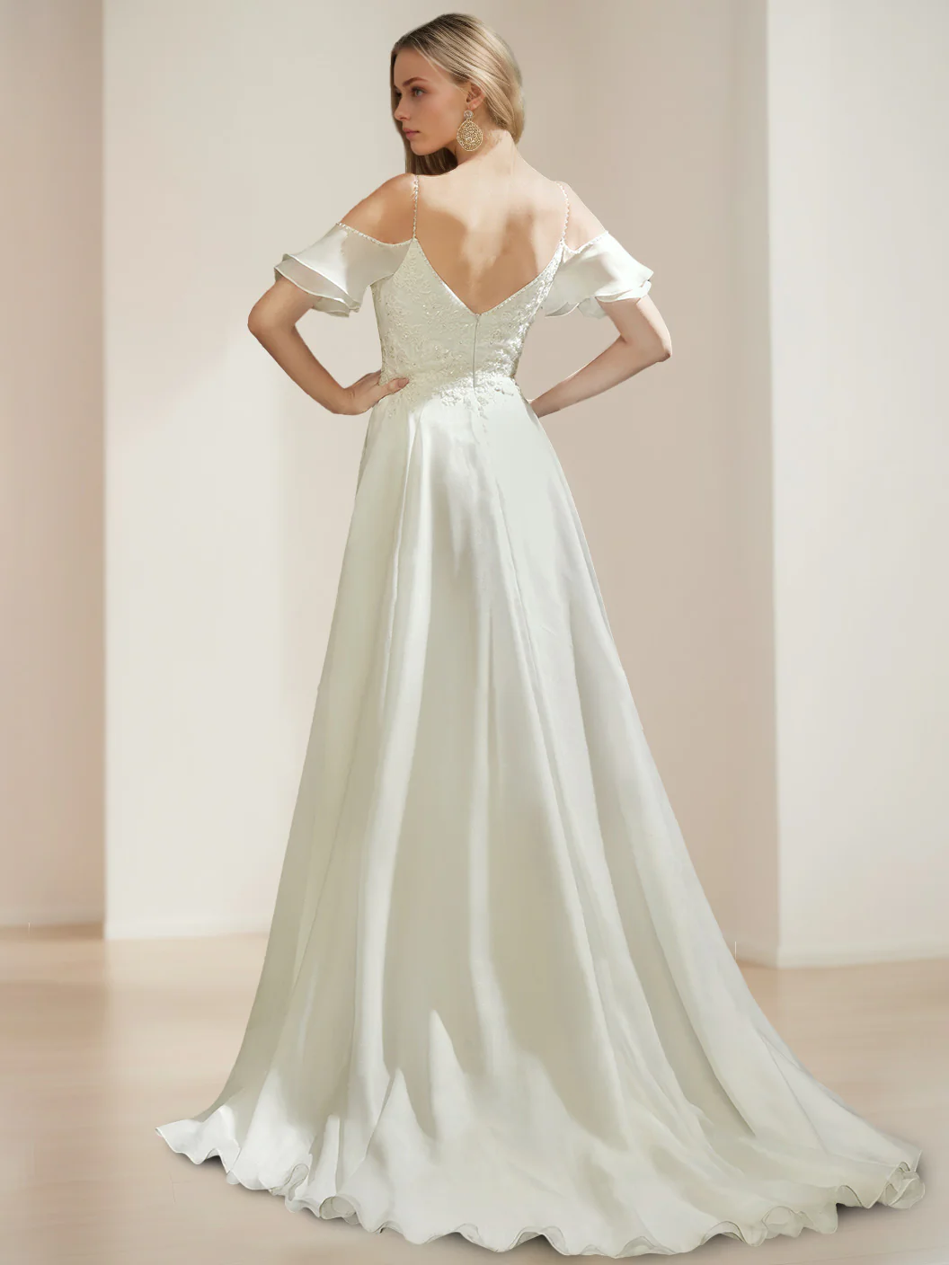 A-Line/Princess Spaghetti Straps Sleeveless Floor-Length Wedding Dress with Appliques & Sequins - Image 2