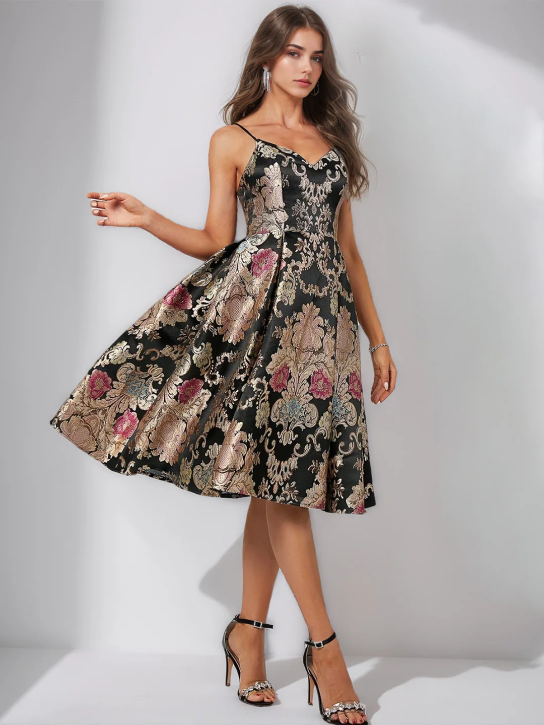 A-Line/Princess Spaghetti Straps Sleeveless Knee-Length Backless Printed Floral Pleated Mother of the Bride Dresses - Image 4