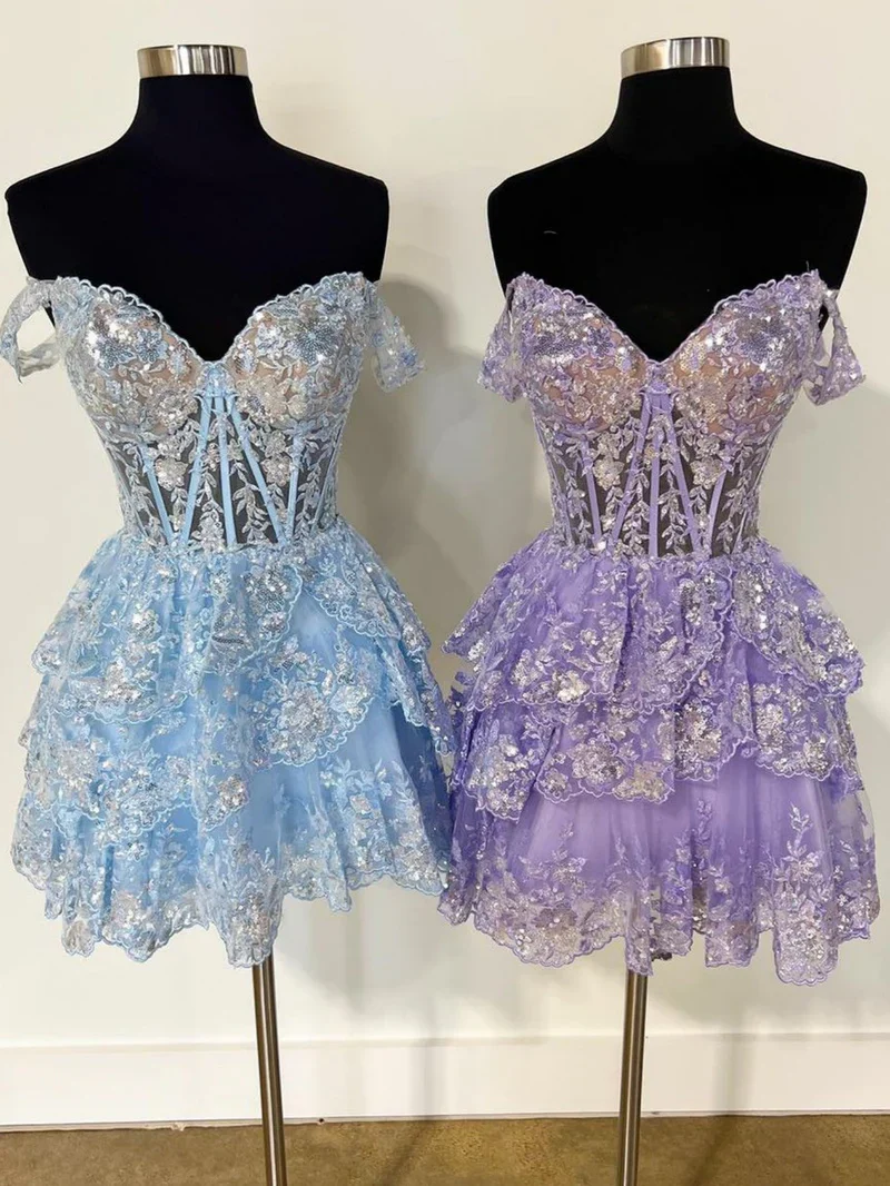 A-Line/Princess Off-the-Shoulder Sweetheart Sleeveless Short/Mini Party Dance Cocktail Homecoming Dresses With Ruffles & Sequins - Image 9