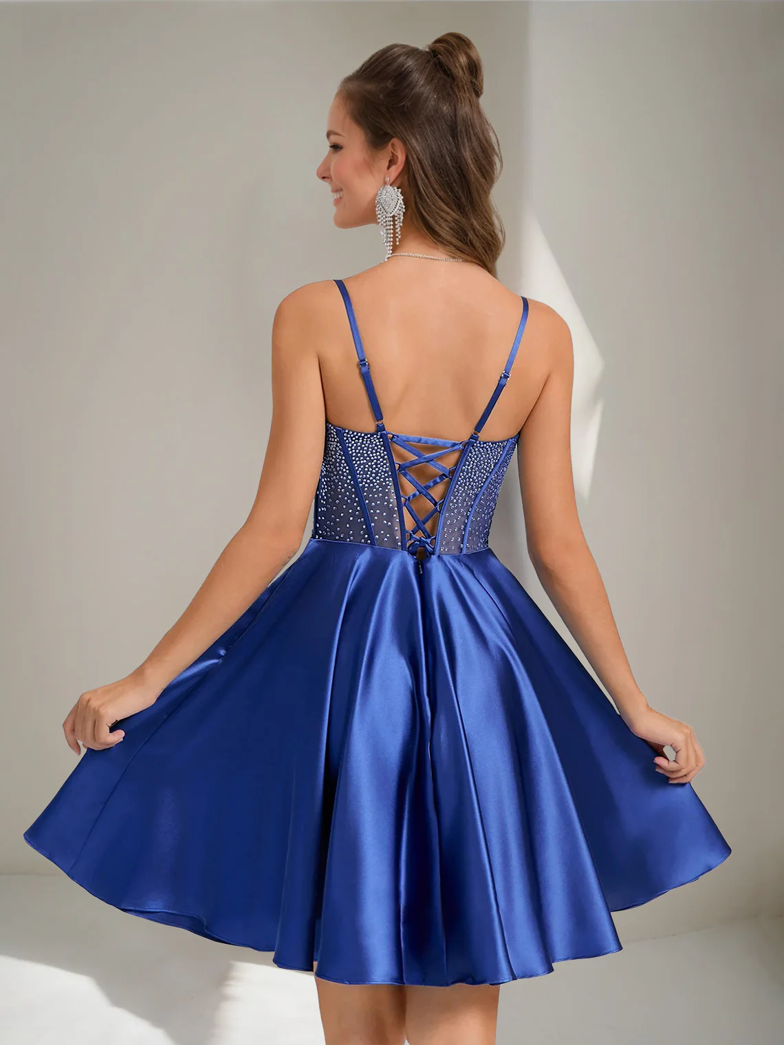 A-Line/Princess Spaghetti Straps Sleeveless Pleated Short/Mini Homecoming Dresses with Rhinestones & Lace-Up - Image 2