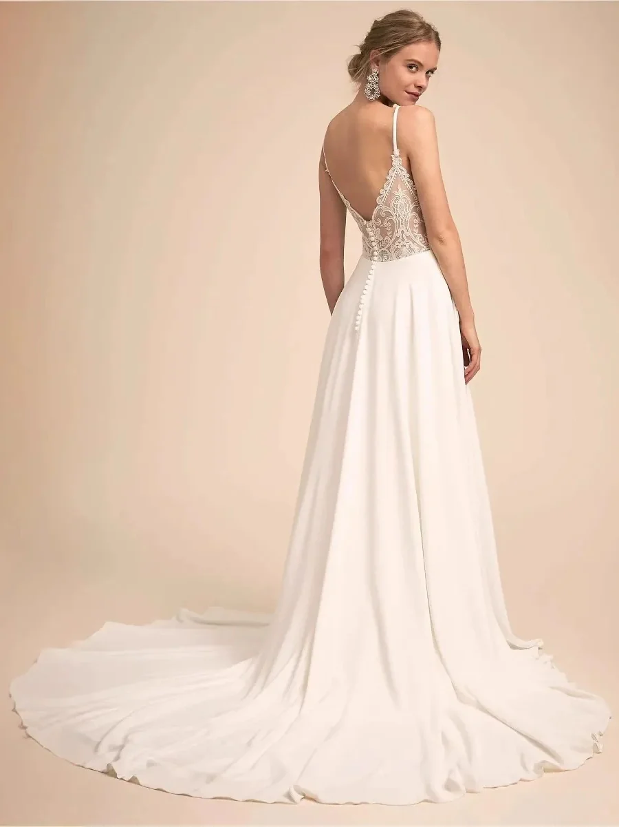 A-Line/Princess Spaghetti Straps Sleeveless Sweep Train Wedding Dresses with Lace Appliques & Buttons - Image 2