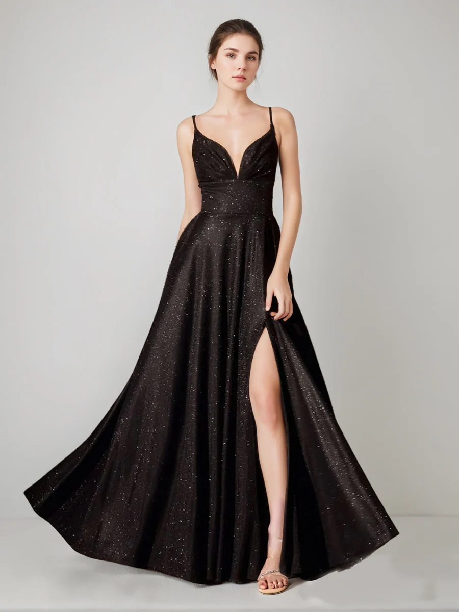 A-Line/Princess Spaghetti Straps Sparkling Evening Dresses with Pockets & Pleats - Image 2