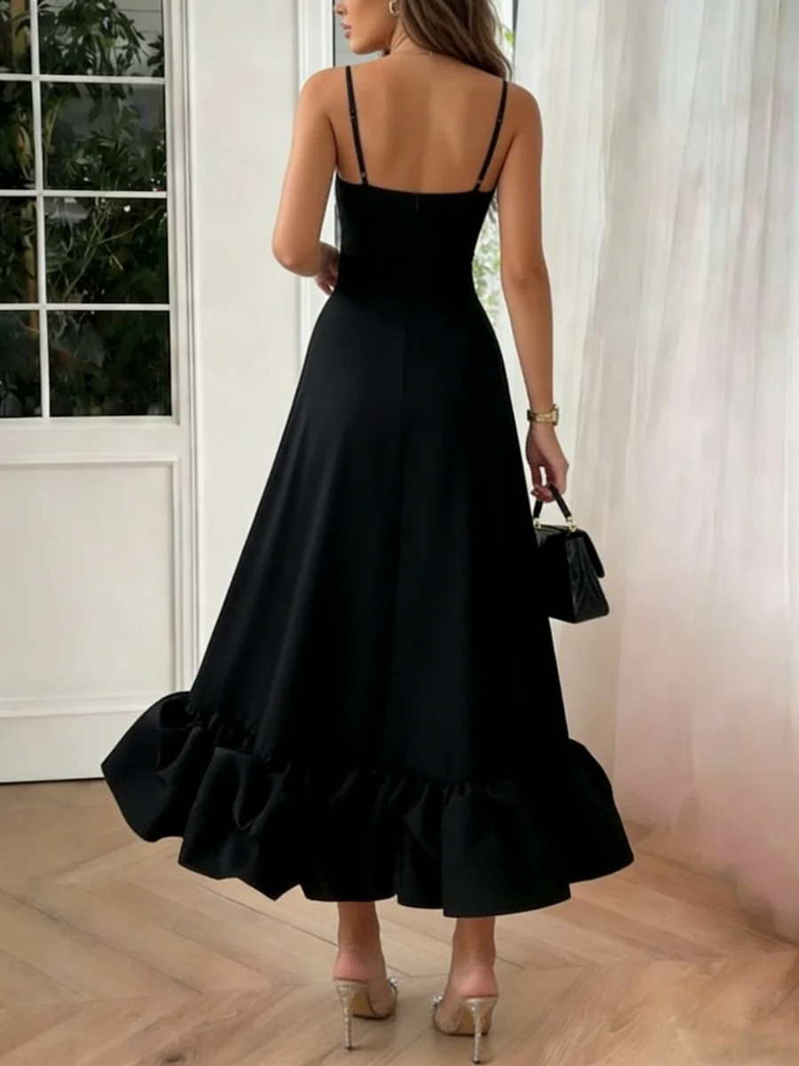 A-Line/Princess Spaghetti Straps Stretch Satin Cocktail Dresses Sleeveless Tea-Length Ruffles Formal Dresses - Image 2