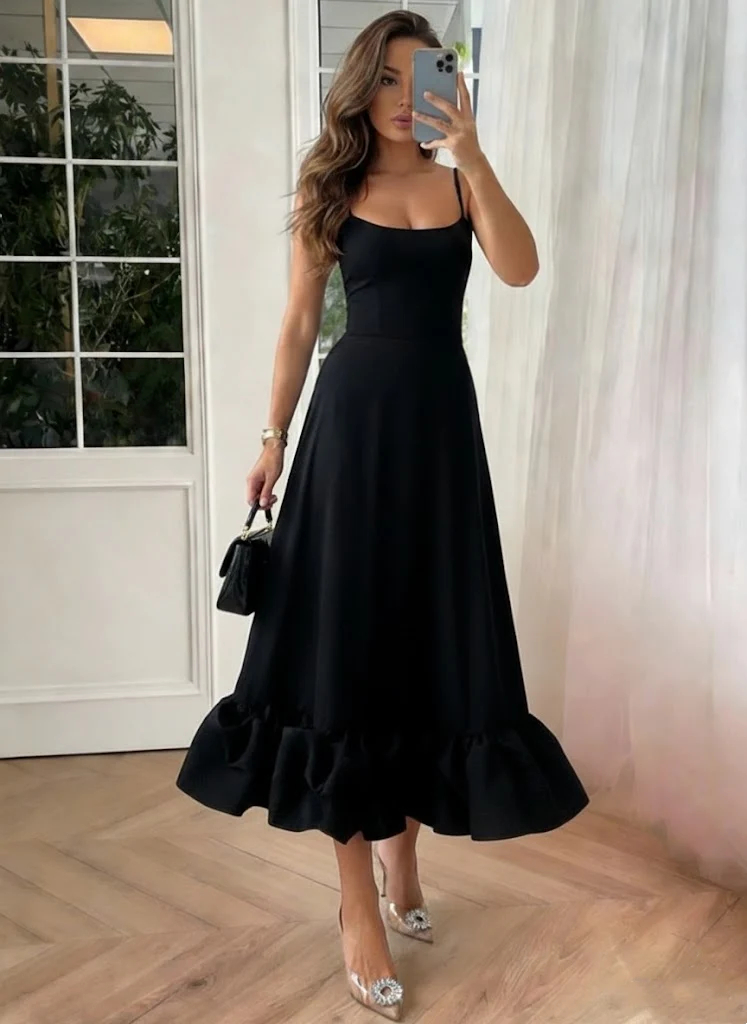 A-Line/Princess Spaghetti Straps Stretch Satin Cocktail Dresses Sleeveless Tea-Length Ruffles Formal Dresses - Image 3
