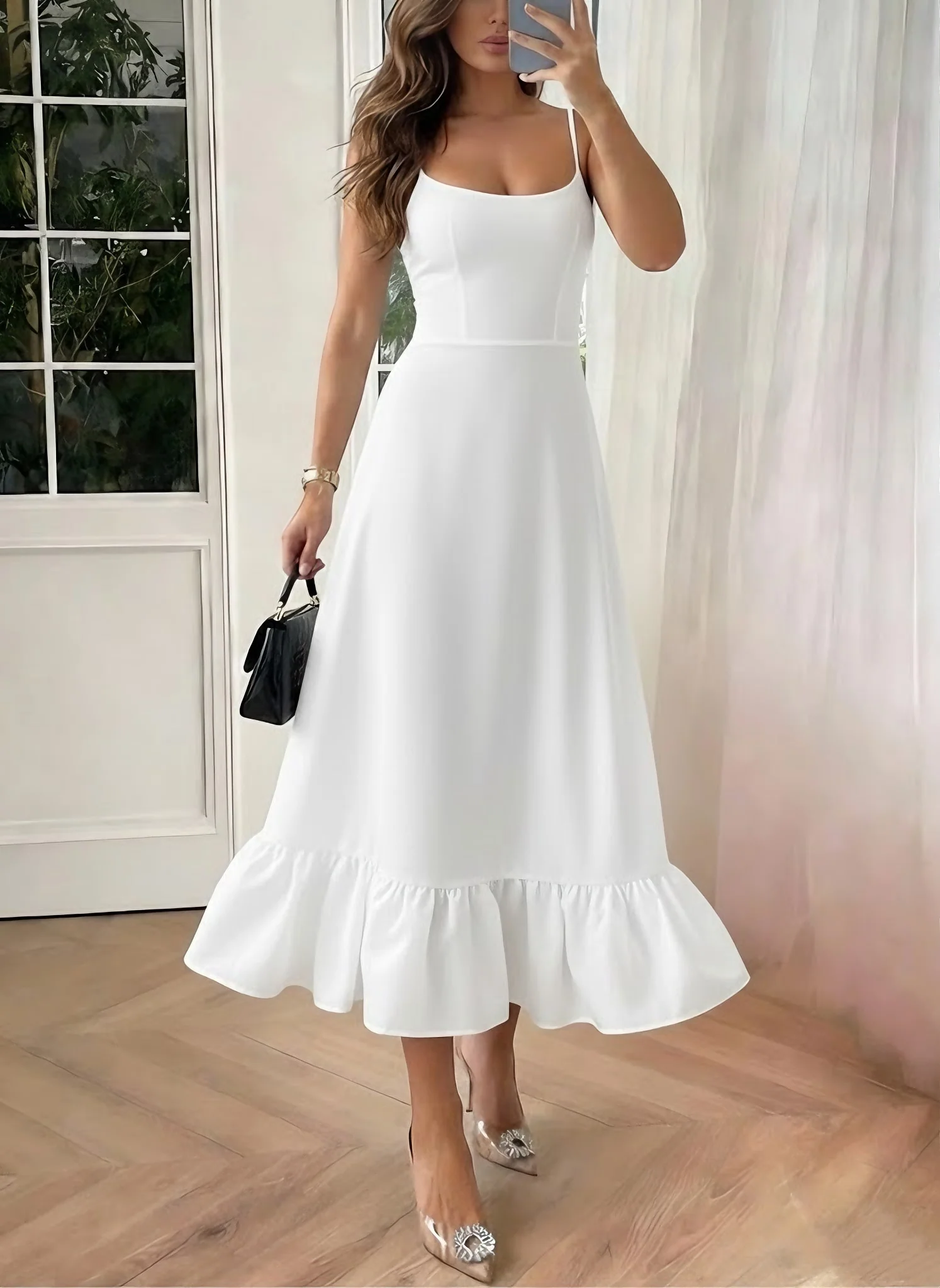 A-Line/Princess Spaghetti Straps Stretch Satin Cocktail Dresses Sleeveless Tea-Length Ruffles Formal Dresses - Image 5