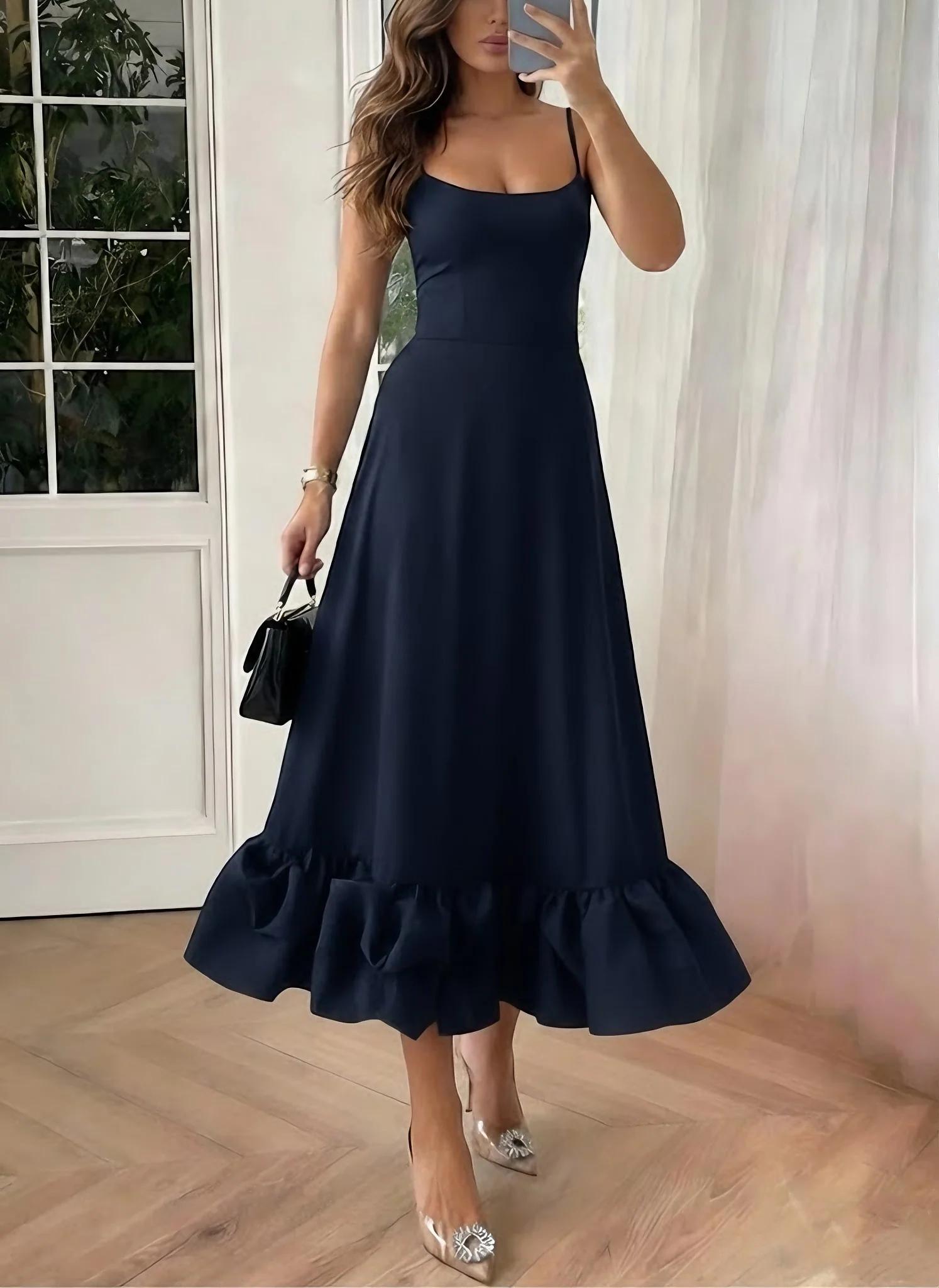 A-Line/Princess Spaghetti Straps Stretch Satin Cocktail Dresses Sleeveless Tea-Length Ruffles Formal Dresses - Image 6