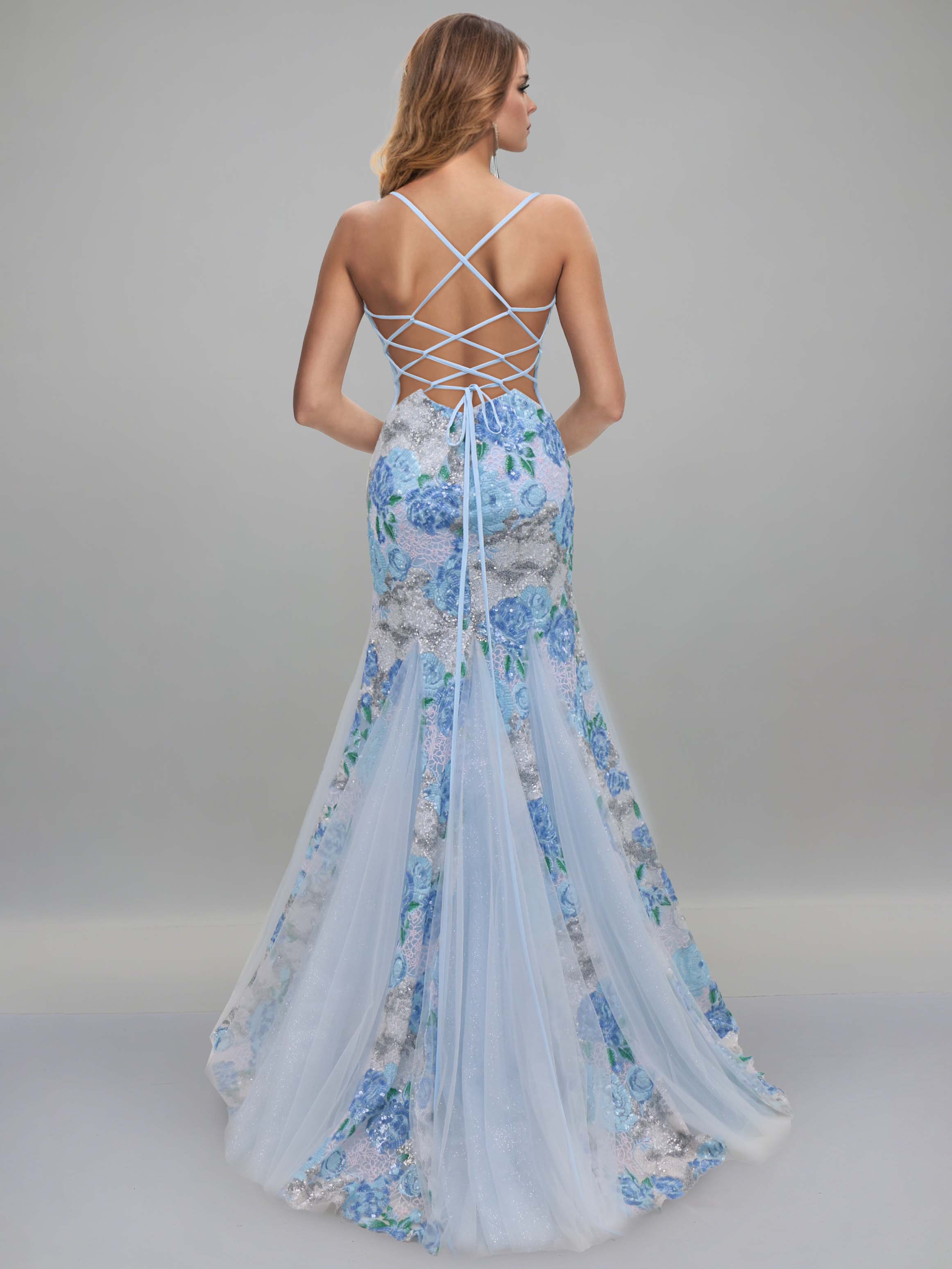 A-Line/Princess Spaghetti Straps Sweep Train Evening Dresses with Sequins & Side Slit & Appliques & Criss-cross Back Straps - Image 2