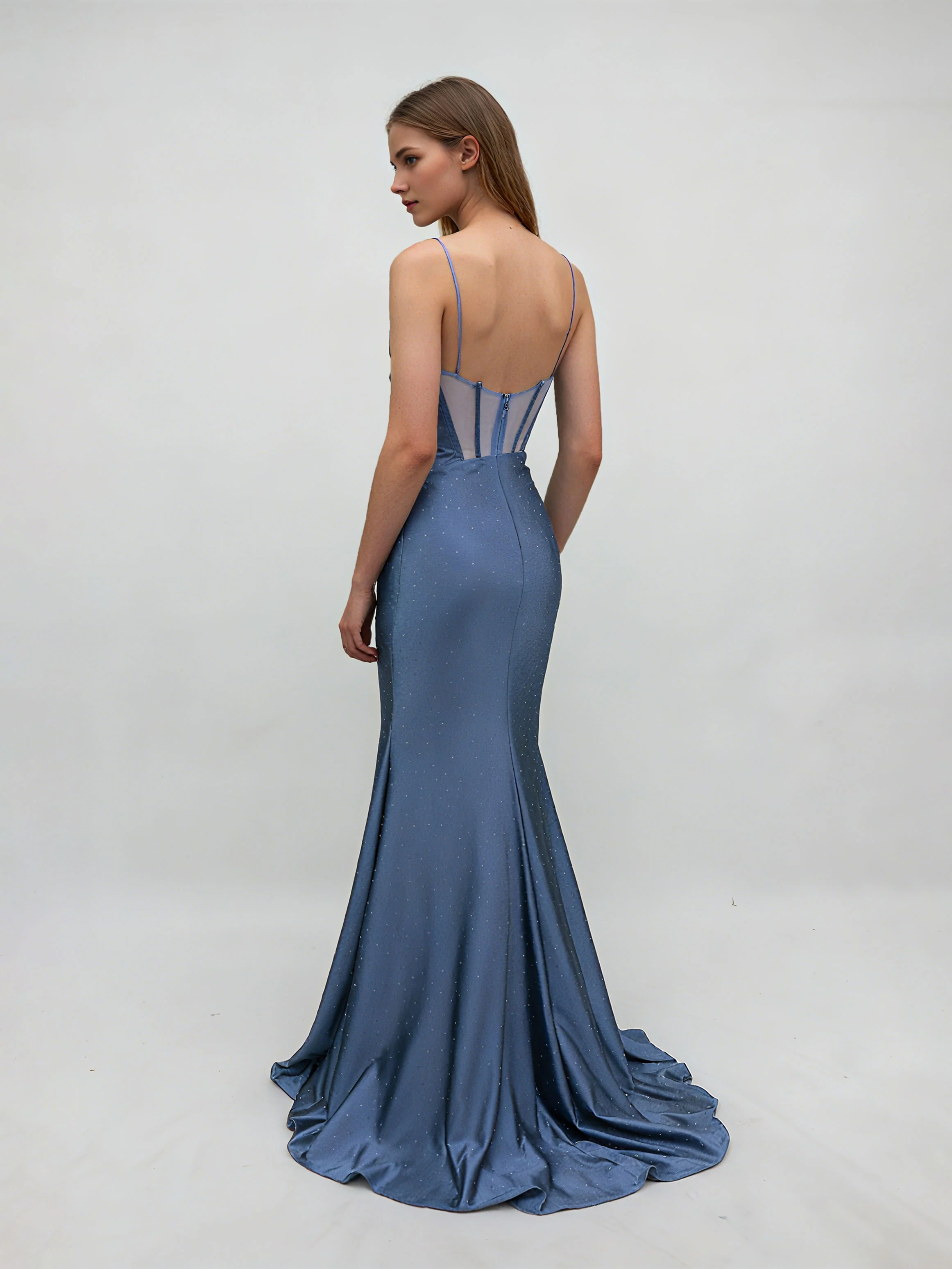 A-Line/Princess Spaghetti Straps Sweep Train Evening Dresses with Side Slit & Jewel Appliques - Image 2