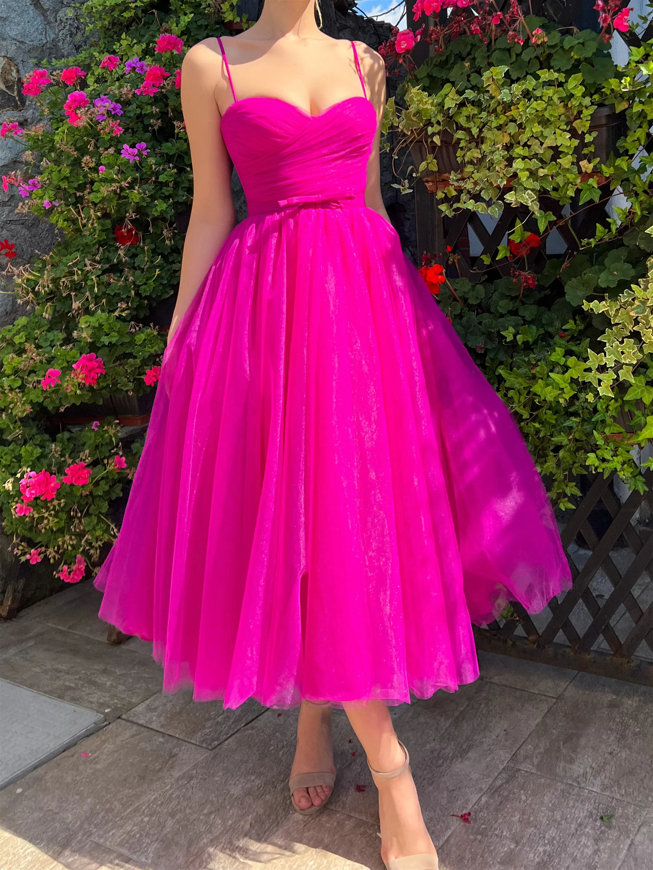 A-Line/Princess Spaghetti Straps Tea-Length Prom Dresses - Image 3