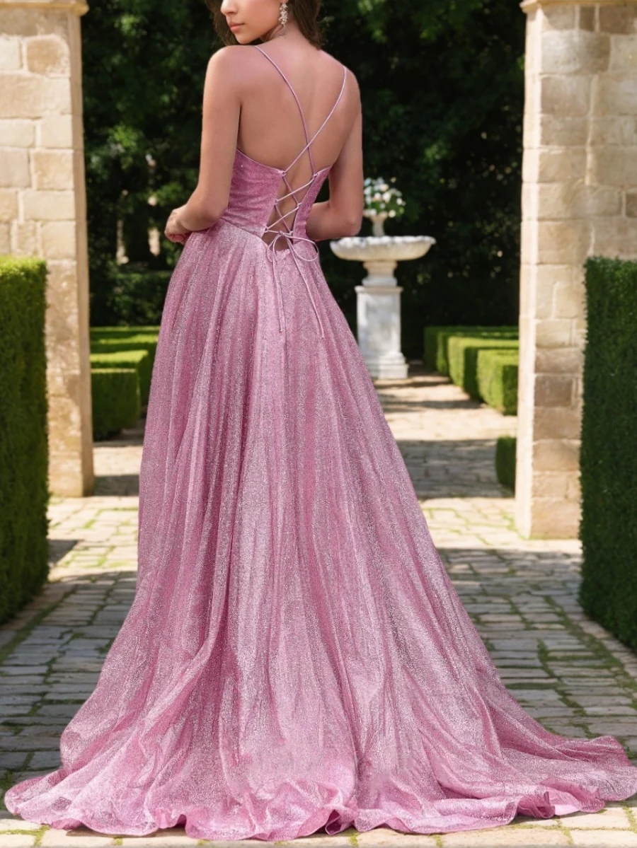 A-Line/Princess Spaghetti Straps Tulle Prom Dresses Sequins Floor-Length Pleated Formal Dresses Sweep Train - Image 2