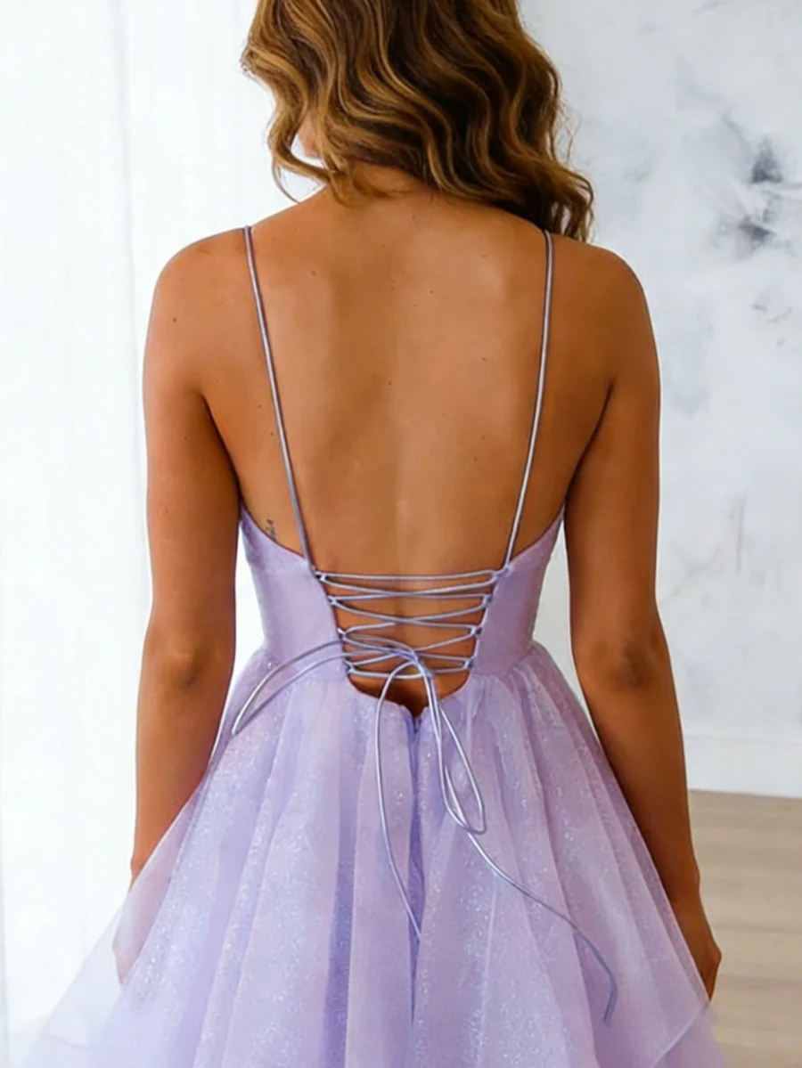 A-Line/Princess Spaghetti Straps Tulle Prom Dresses Sleeveless Floor-Length Sparkling Formal Dresses - Image 2