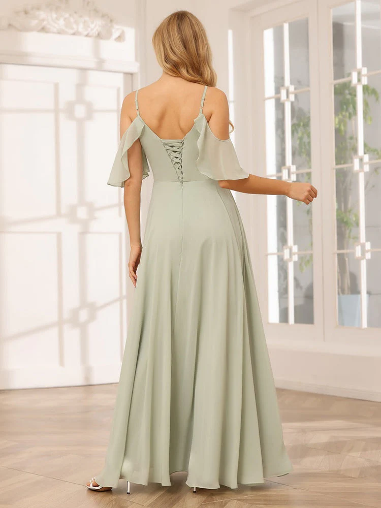 A-Line/Princess Spaghetti Straps V-Neck Floor-Length Bridesmaid Dresses with Split Side - Image 2