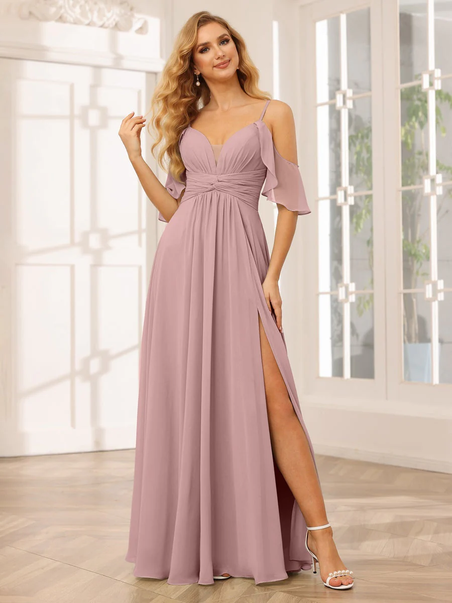A-Line/Princess Spaghetti Straps V-Neck Floor-Length Bridesmaid Dresses with Split Side - Image 31
