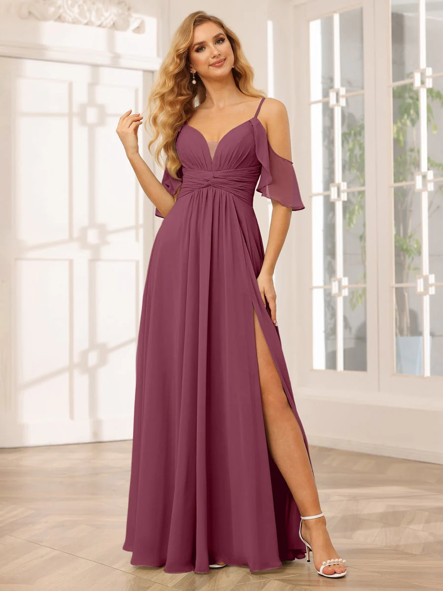 A-Line/Princess Spaghetti Straps V-Neck Floor-Length Bridesmaid Dresses with Split Side - Image 44