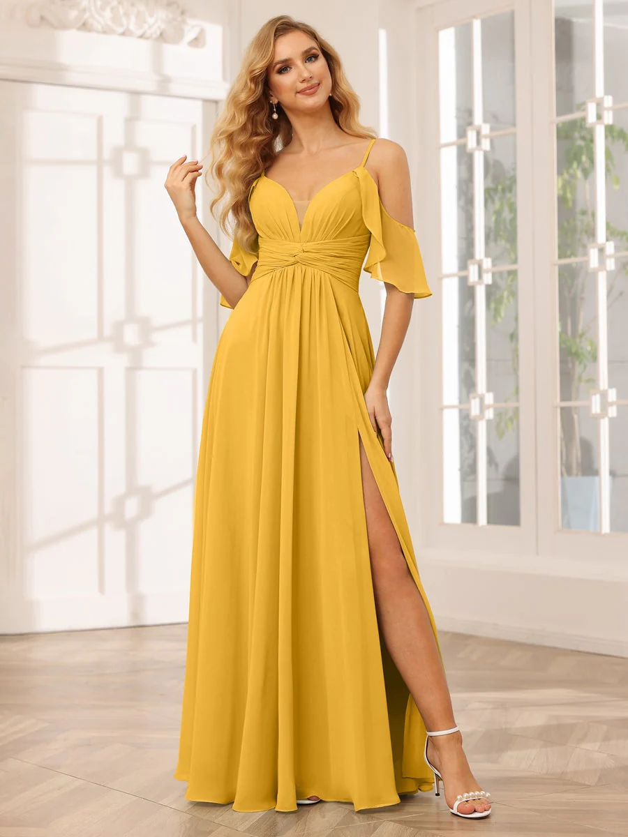 A-Line/Princess Spaghetti Straps V-Neck Floor-Length Bridesmaid Dresses with Split Side - Image 71