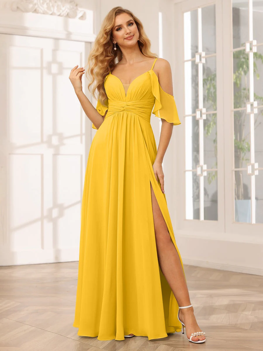 A-Line/Princess Spaghetti Straps V-Neck Floor-Length Bridesmaid Dresses with Split Side - Image 72