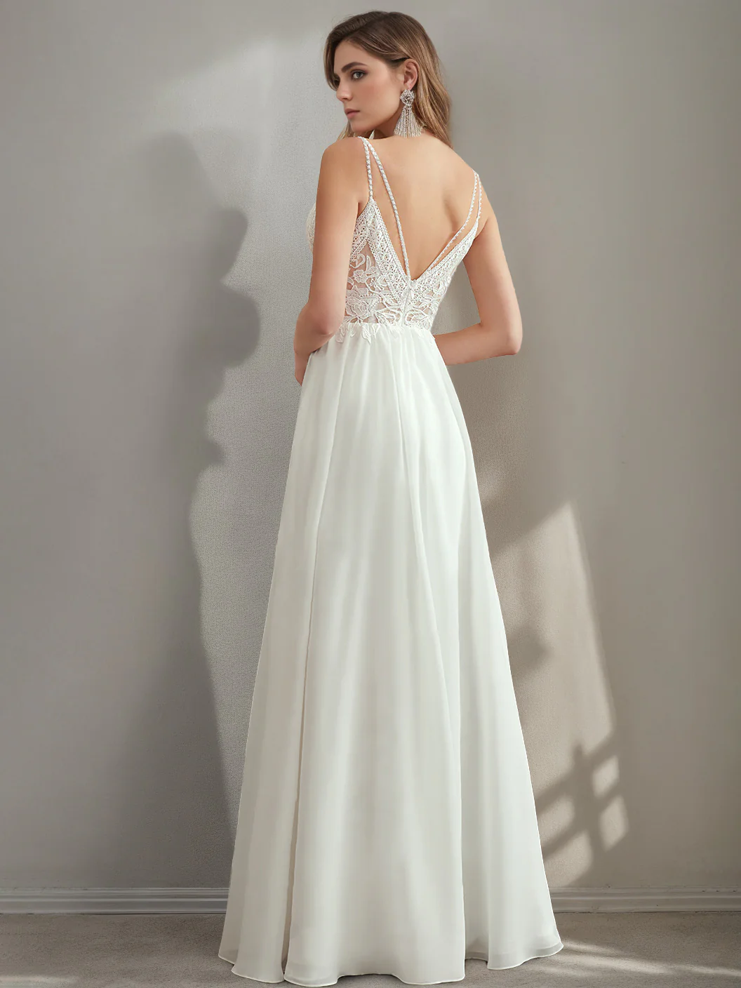 A-Line/Princess Spaghetti Straps V-Neck Lace Wedding Dress with Appliques - Image 2