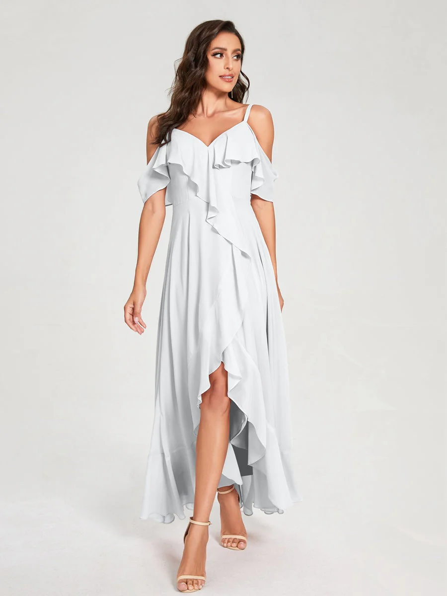 A-Line/Princess Spaghetti Straps V-Neck Short Sleeves Asymmetrical Bridemaid Dresses With Ruffles - Image 19