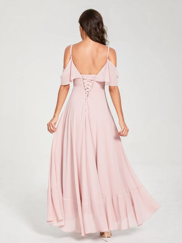 A-Line/Princess Spaghetti Straps V-Neck Short Sleeves Asymmetrical Bridemaid Dresses With Ruffles - Image 2