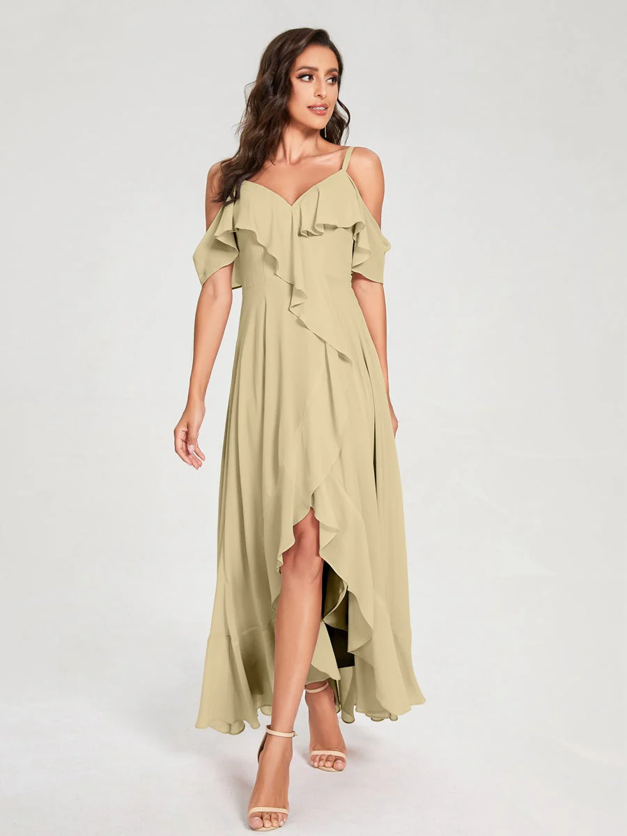 A-Line/Princess Spaghetti Straps V-Neck Short Sleeves Asymmetrical Bridemaid Dresses With Ruffles - Image 24