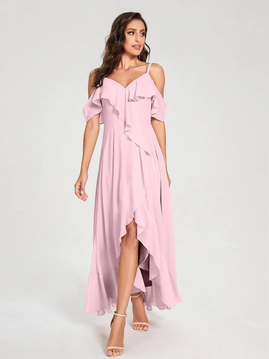 A-Line/Princess Spaghetti Straps V-Neck Short Sleeves Asymmetrical Bridemaid Dresses With Ruffles - Image 25