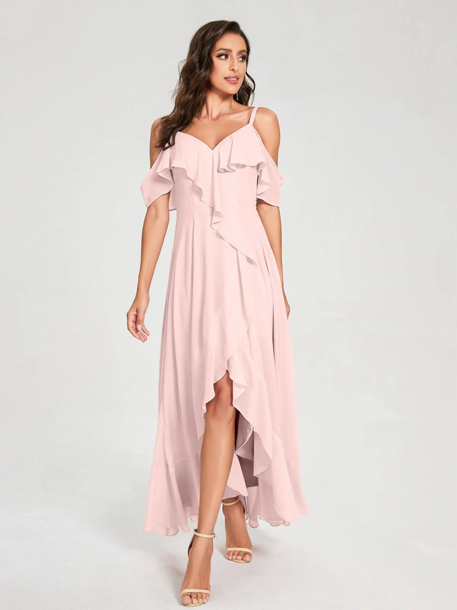 A-Line/Princess Spaghetti Straps V-Neck Short Sleeves Asymmetrical Bridemaid Dresses With Ruffles - Image 27