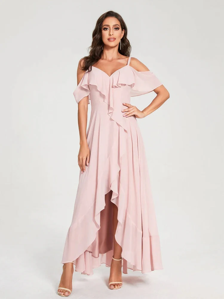 A-Line/Princess Spaghetti Straps V-Neck Short Sleeves Asymmetrical Bridemaid Dresses With Ruffles - Image 3