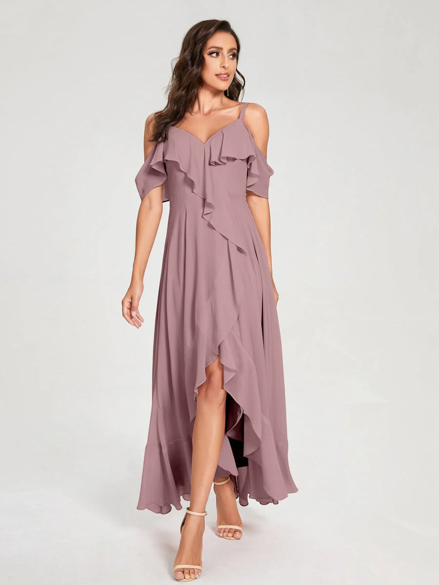 A-Line/Princess Spaghetti Straps V-Neck Short Sleeves Asymmetrical Bridemaid Dresses With Ruffles - Image 31