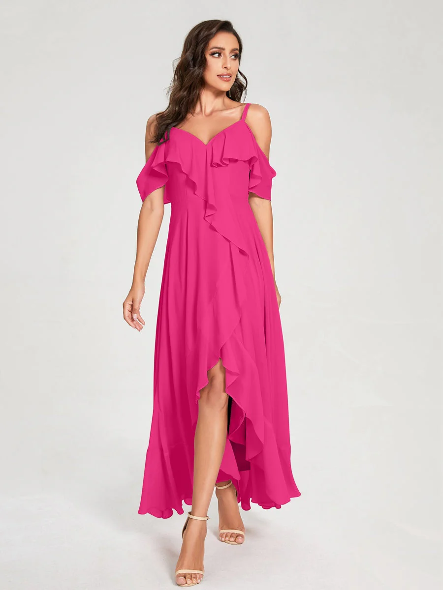 A-Line/Princess Spaghetti Straps V-Neck Short Sleeves Asymmetrical Bridemaid Dresses With Ruffles - Image 33