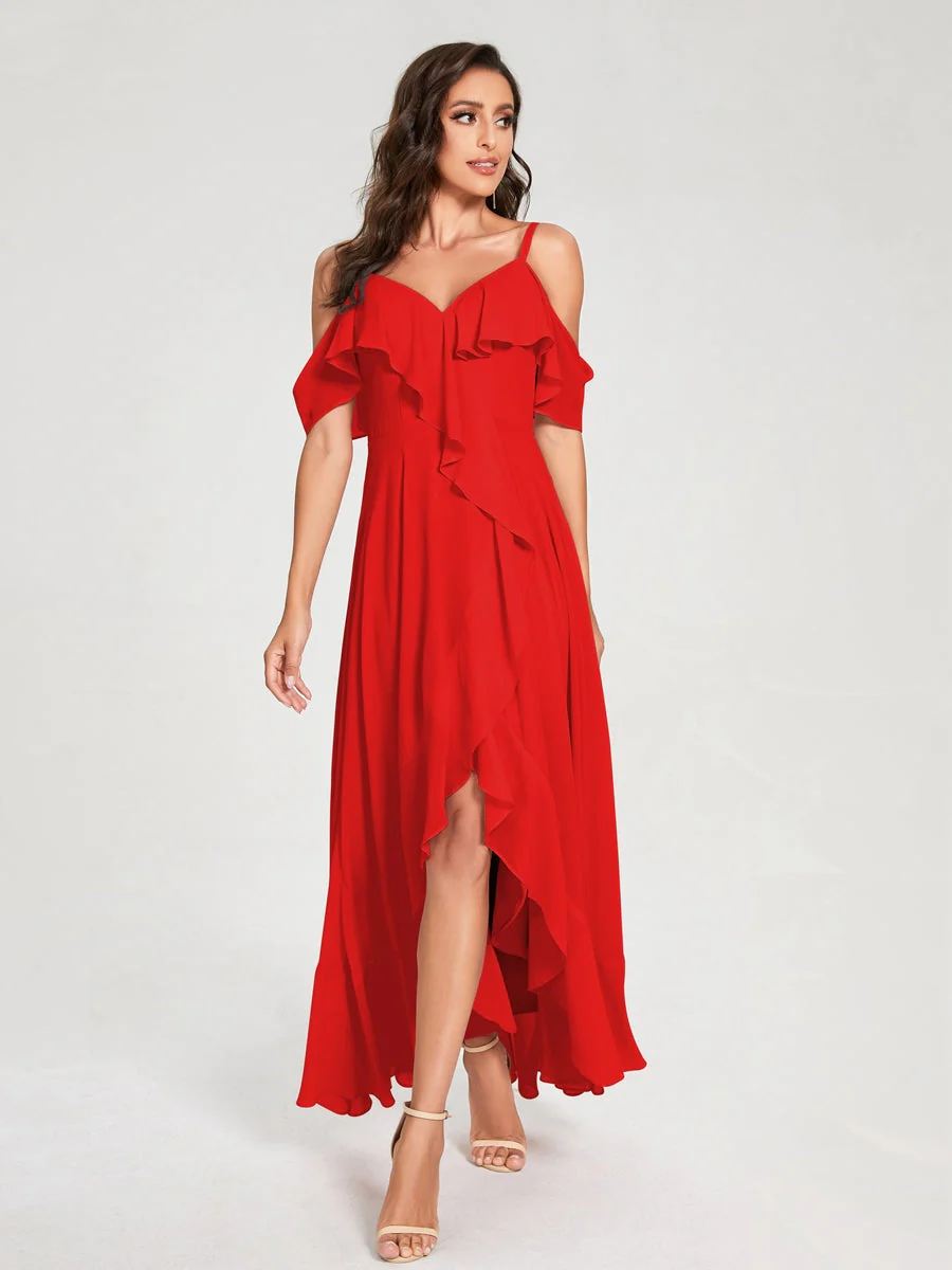 A-Line/Princess Spaghetti Straps V-Neck Short Sleeves Asymmetrical Bridemaid Dresses With Ruffles - Image 36