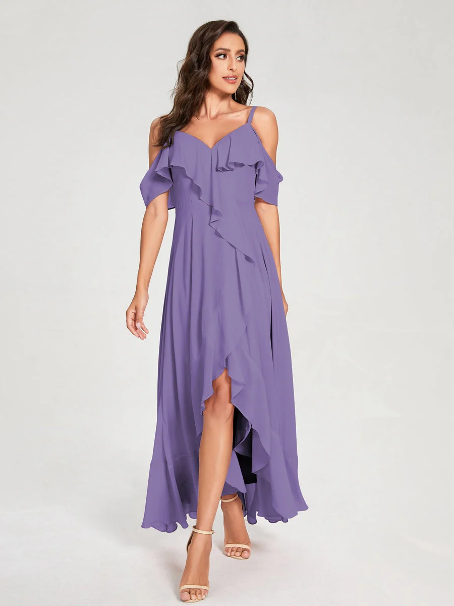 A-Line/Princess Spaghetti Straps V-Neck Short Sleeves Asymmetrical Bridemaid Dresses With Ruffles - Image 41