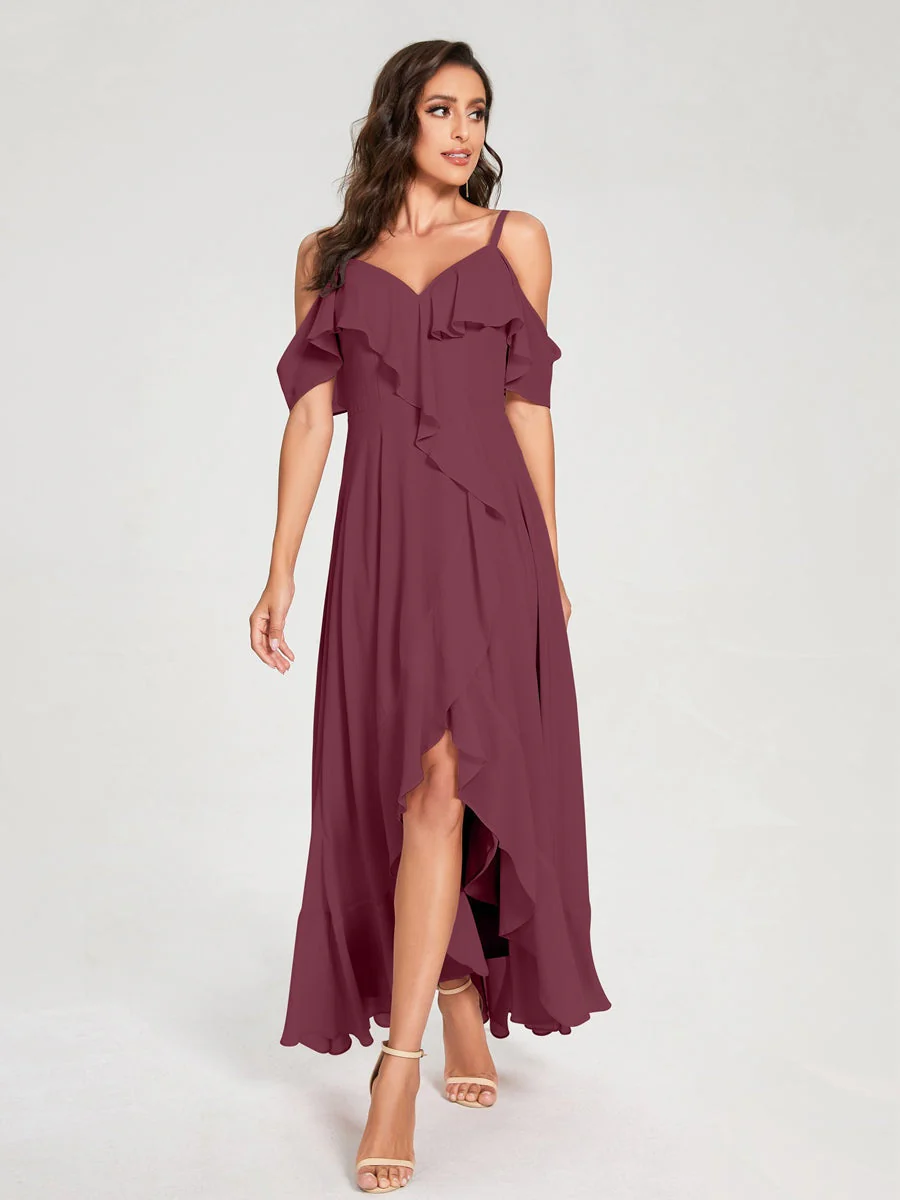 A-Line/Princess Spaghetti Straps V-Neck Short Sleeves Asymmetrical Bridemaid Dresses With Ruffles - Image 43
